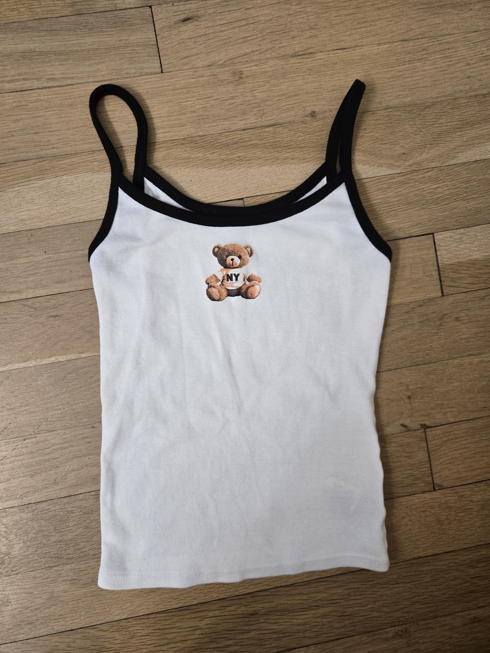 White Tank Top with Black Trim and Teddy Bear